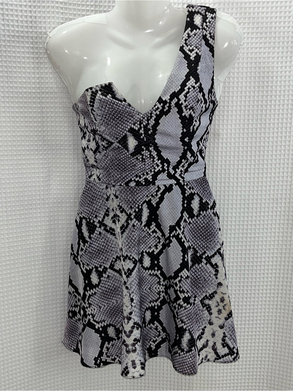 NBD One-Shoulder Snake-Print Mini Dress in Black & Gray size small